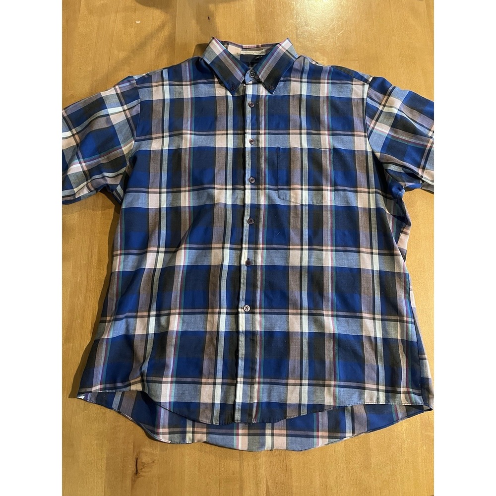 Vtg 80s Flannel Shirt Sz XL Men's Work Wedgefield Short Sleeve Blue Plaid Korea